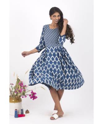 Blue Cotton Crackle Indigo Dabu Dress 1