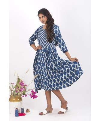 Blue Cotton Crackle Indigo Dabu Dress 2
