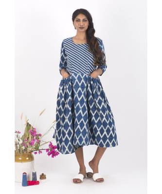 Blue Cotton Crackle Indigo Dabu Dress 3