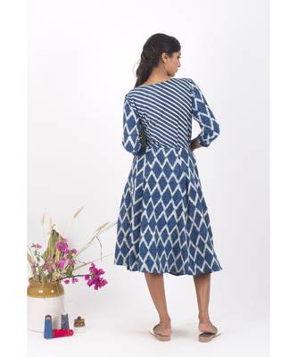 Blue Cotton Crackle Indigo Dabu Dress 4