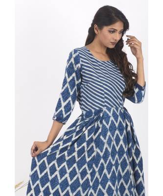 Blue Cotton Crackle Indigo Dabu Dress 5