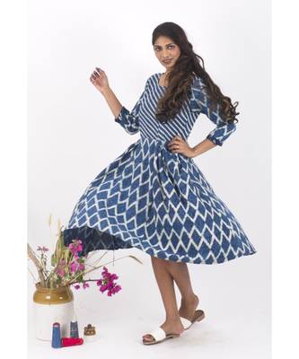 Blue Cotton Crackle Indigo Dabu Dress 6