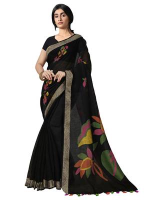  black printed linen saree with blouse 1