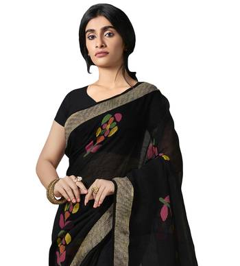  black printed linen saree with blouse 2