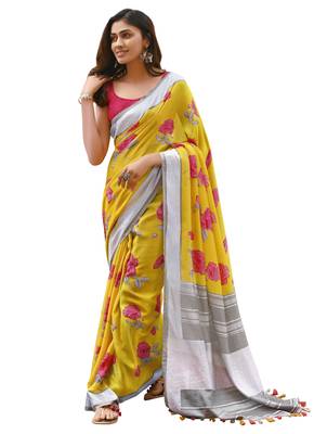  yellow printed linen saree with blouse 1