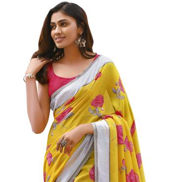  yellow printed linen saree with blouse 2