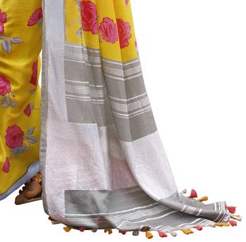 yellow printed linen saree with blouse 3