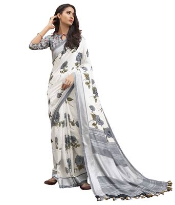  cream printed linen saree with blouse 1