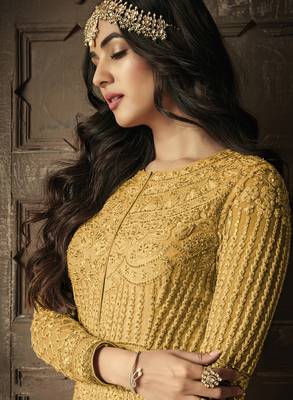 Mustard embroidered net salwar 2