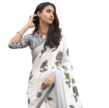  cream printed linen saree with blouse 2