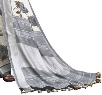  cream printed linen saree with blouse 3