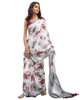 Off-white printed linen saree with blouse 1