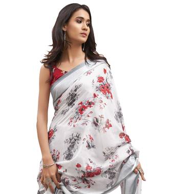 Off-white printed linen saree with blouse 2