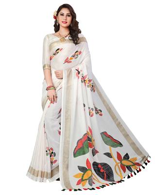  beige printed linen saree with blouse 1