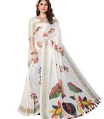  beige printed linen saree with blouse
