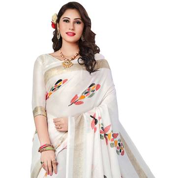  beige printed linen saree with blouse 2