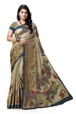 Beige printed silk saree with blouse 1