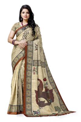 Beige printed silk saree with blouse 1