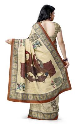 Beige printed silk saree with blouse 2