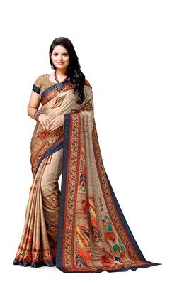 Beige printed silk saree with blouse 1