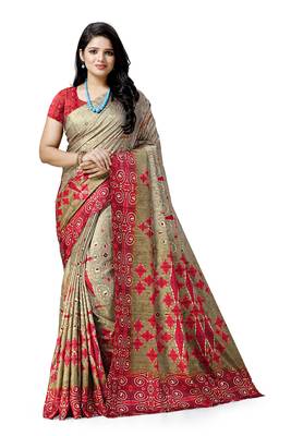 Beige printed silk saree with blouse 1