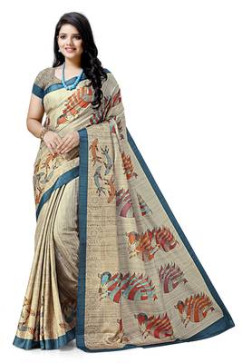 Beige printed silk saree with blouse 1