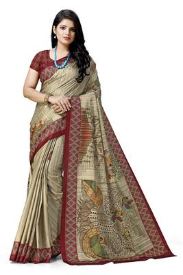 Beige printed silk saree with blouse 1