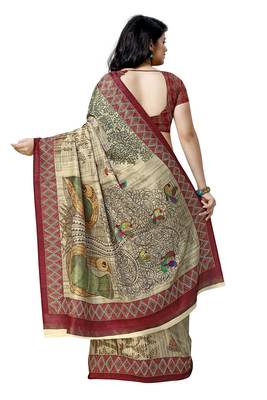 Beige printed silk saree with blouse 2