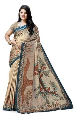 Beige printed silk saree with blouse 1