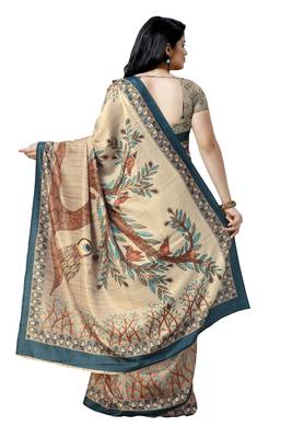 Beige printed silk saree with blouse 2
