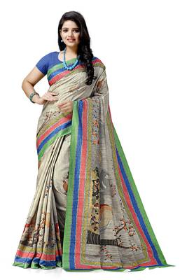 Cream printed silk saree with blouse 1