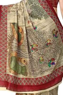 Beige printed silk saree with blouse 4