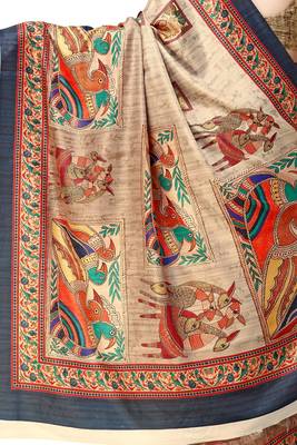 Beige printed silk saree with blouse 4
