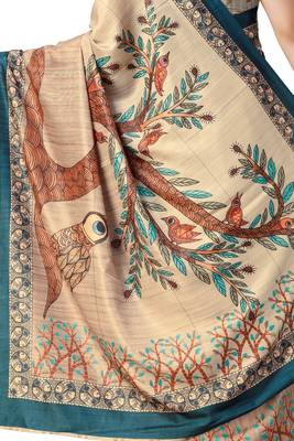 Beige printed silk saree with blouse 4