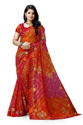 Orange embroidered georgette saree with blouse 1