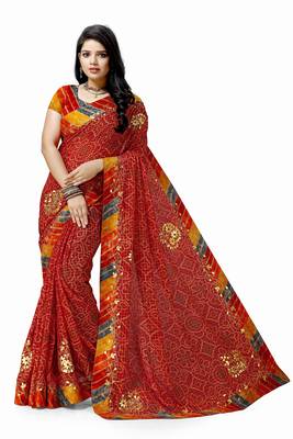 Red embroidered georgette saree with blouse 1