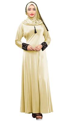 Justkartit Women'S Cream Color Plain Velvet Embosed Lycra Abaya Burkha With Waist Belt 1