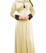 Justkartit Women'S Cream Color Plain Velvet Embosed Lycra Abaya Burkha With Waist Belt