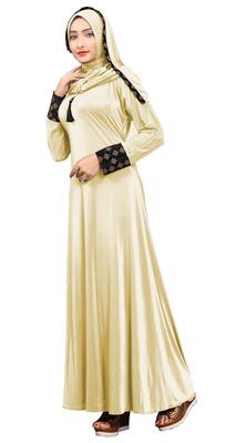 Justkartit Women'S Cream Color Plain Velvet Embosed Lycra Abaya Burkha With Waist Belt 2