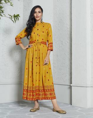 Mustard Printed Rayon Ethnic-Kurtis 1