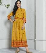 Mustard Printed Rayon Ethnic-Kurtis