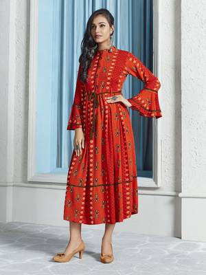 Orange Printed Rayon Ethnic Kurtis 1