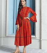 Orange Printed Rayon Ethnic Kurtis