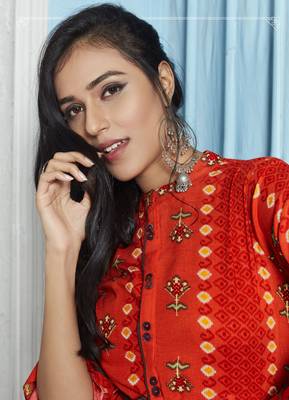 Orange Printed Rayon Ethnic Kurtis 2