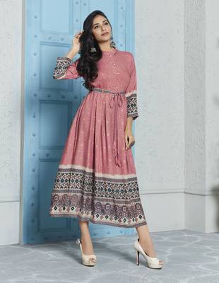 Onion-Pink Printed Rayon Ethnic-Kurtis 1