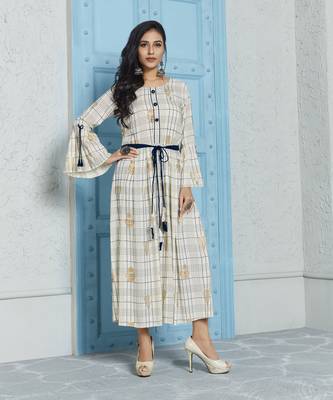 Cream Printed Rayon Ethnic Kurtis 1