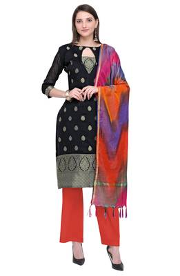 Blissta Women's Black & Orange Banarasi Jacquard Dress Material Having Modal Silk Dupatta With Tassels 1