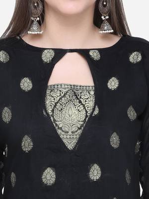 Blissta Women's Black & Orange Banarasi Jacquard Dress Material Having Modal Silk Dupatta With Tassels 2