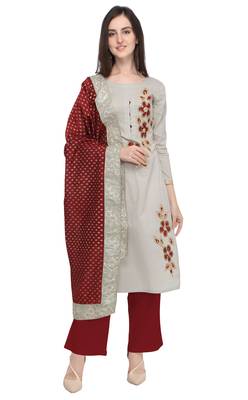 Blissta Women's Light Grey & Maroon Cotton Dress Material Having Gota Patti Lace Work 1