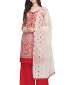 Blissta Women's Baby Pink & Pink Cotton Embroidered Dress Material With Chanderi Silk Dupatta